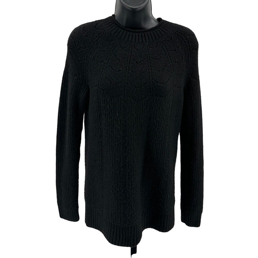 Talbots Pointelle Round Yoke Sweater WMNS XS Ribbed Soft Knit Wool Blend Black